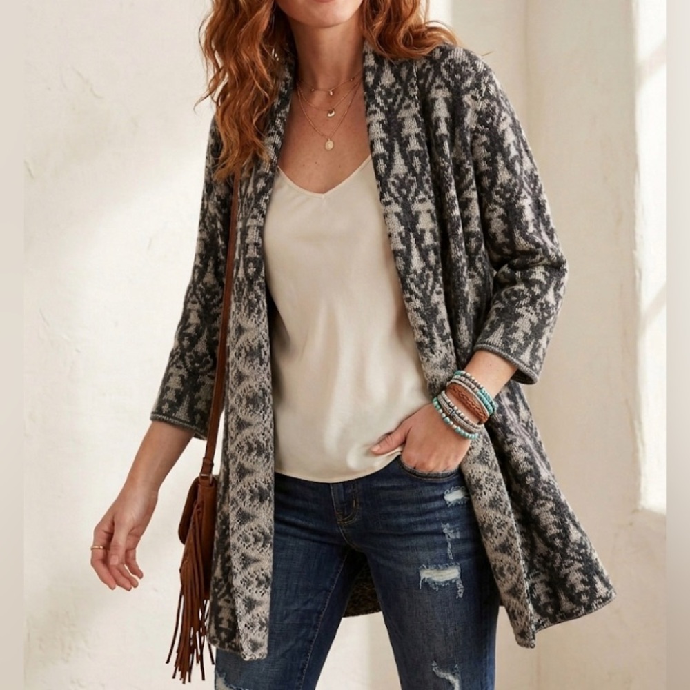 Peruvian Connection Open Front Long Cardigan Sweater Size Large Black